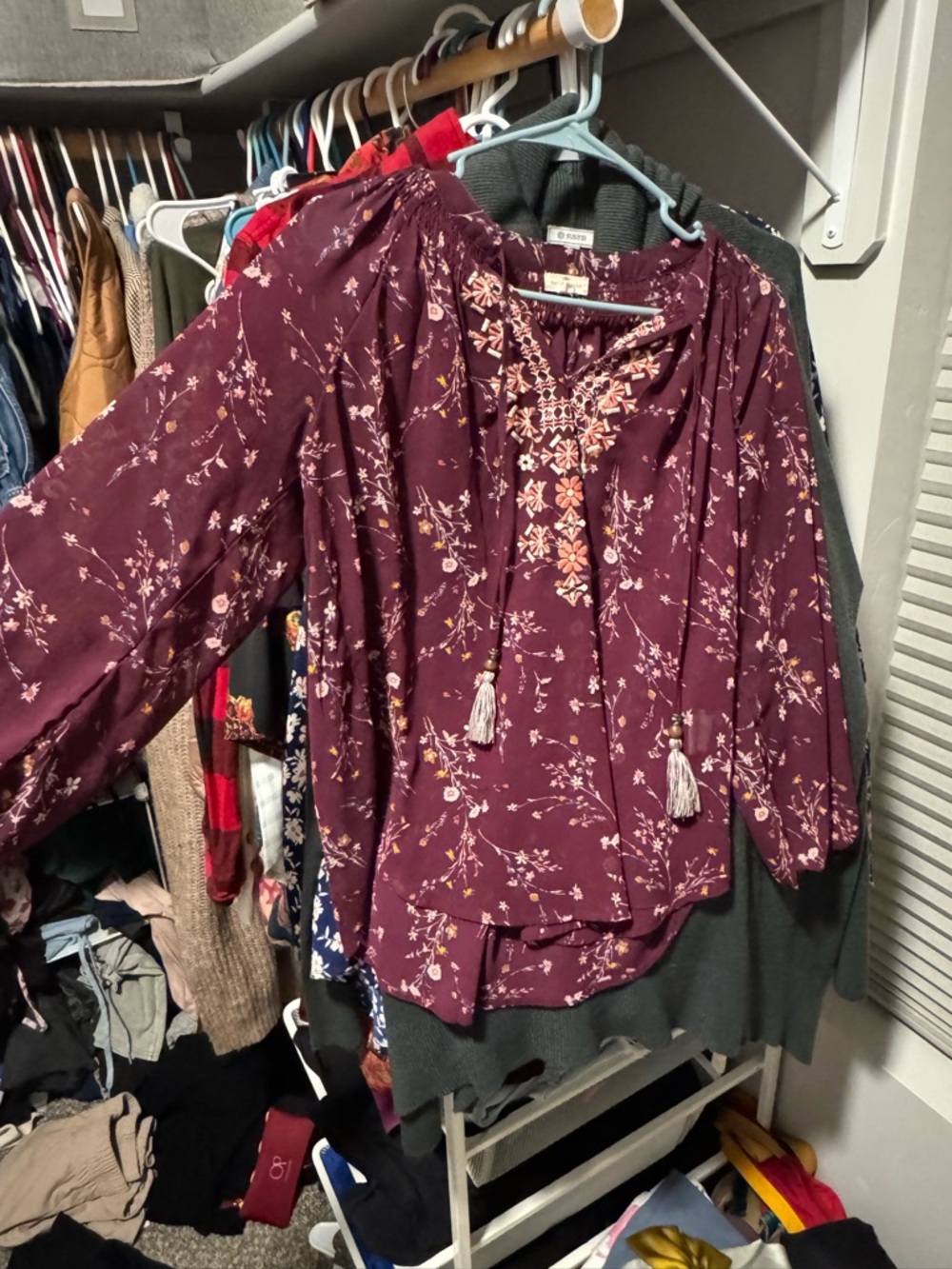 Women's Floral Embroidered Peasant Blouse - Plum